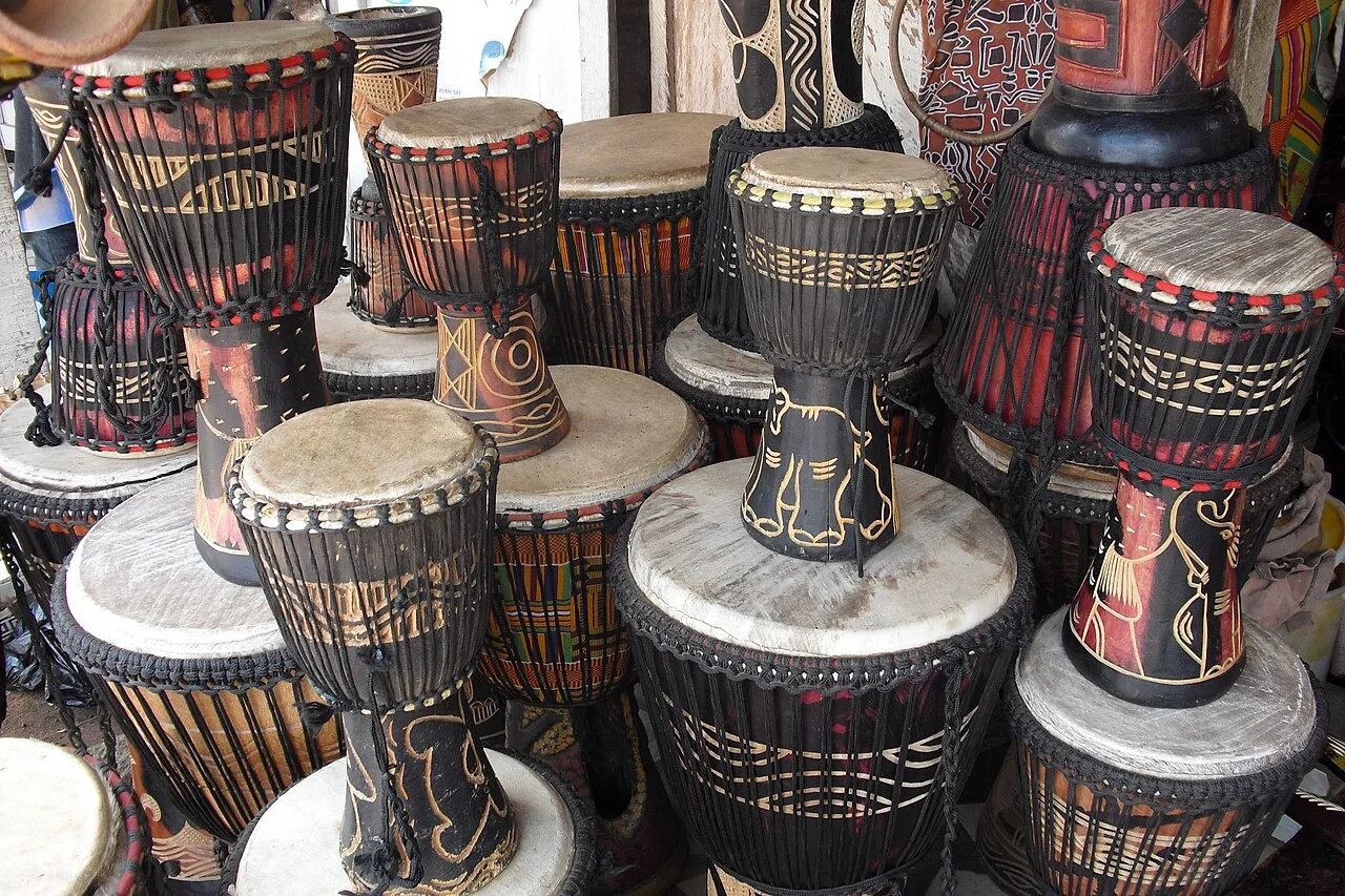 Djembe drums for sale in the wood carving craft village of Ahwiaa in the Ashanti Region, Ghana